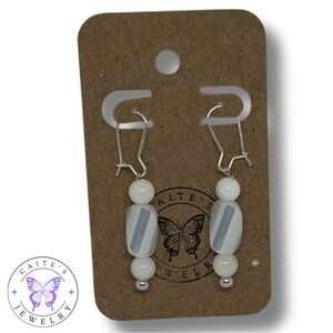Handmade Silver Kidney Earrings with White Shell and Barrel Beads